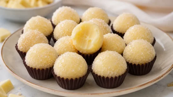 Brigadeiros de cream cheese gourmet cobertos com açúcar cristal e recheio cremoso em destaque sobre prato branco.