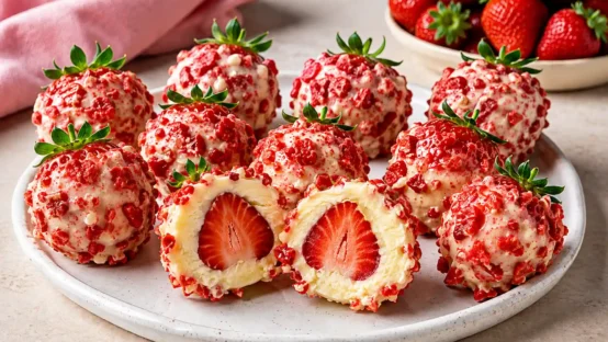 Morango do amor cravejado com chocolate branco, brigadeiro de leite em pó e caramelo vermelho crocante